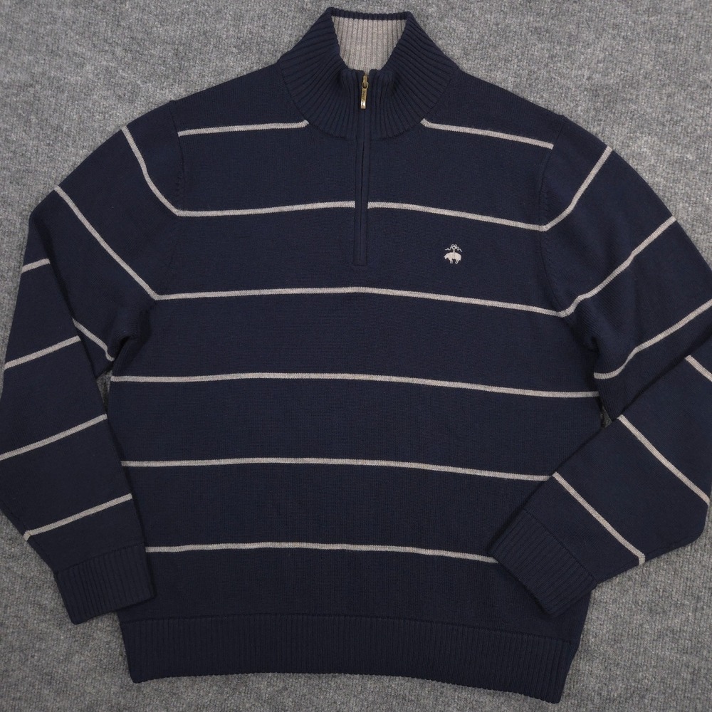 Brooks Brothers 1/4 Zip Sweater Mens L Navy Gray Striped Merino Wool Pullover